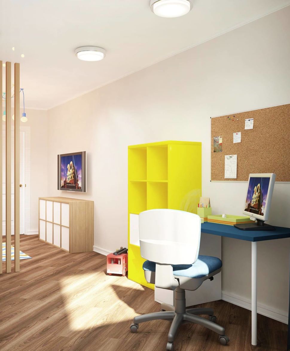 Интерьер детской комнаты 18 кв.м в желтых тонах, желтый стеллаж, стол, синие кресло, потолочные светильники, ламинат